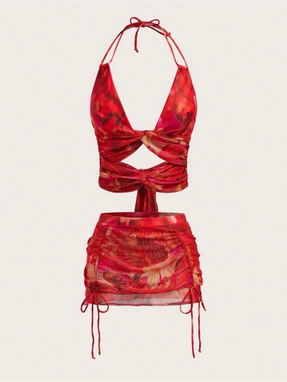 Red Twist Halter Mesh Two-Piece Set